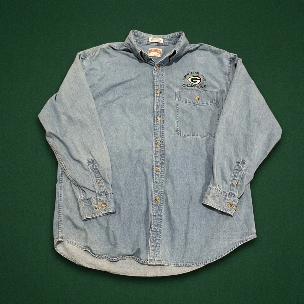 Vintage 90s Nutmeg Mills Green Bay Packers Super Bowl XXXI 31 Denim Shirt Mens L